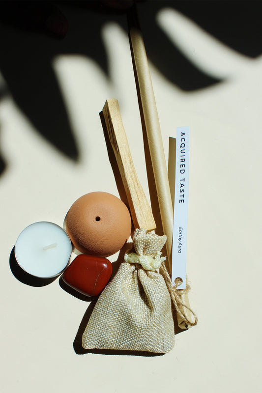 ritual starter kick with incense, incense holder, palo Santo and crystal