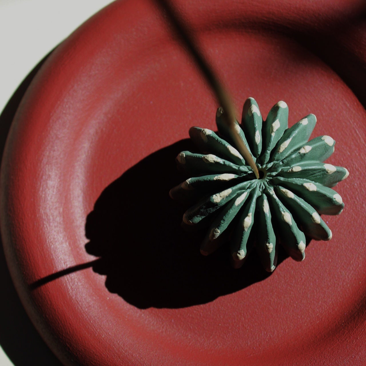 Acquired Taste Domino Cactus Incense stick holder with coaster in green and red clay