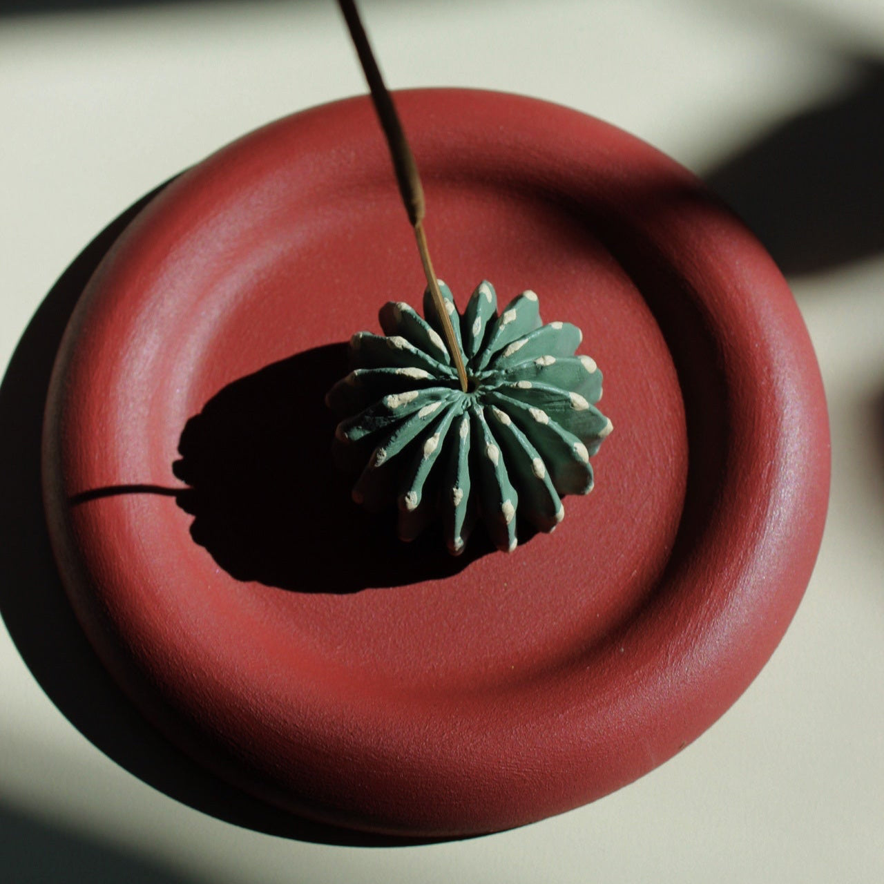 Acquired Taste Domino Cactus Incense stick holder with coaster in green and red clayr