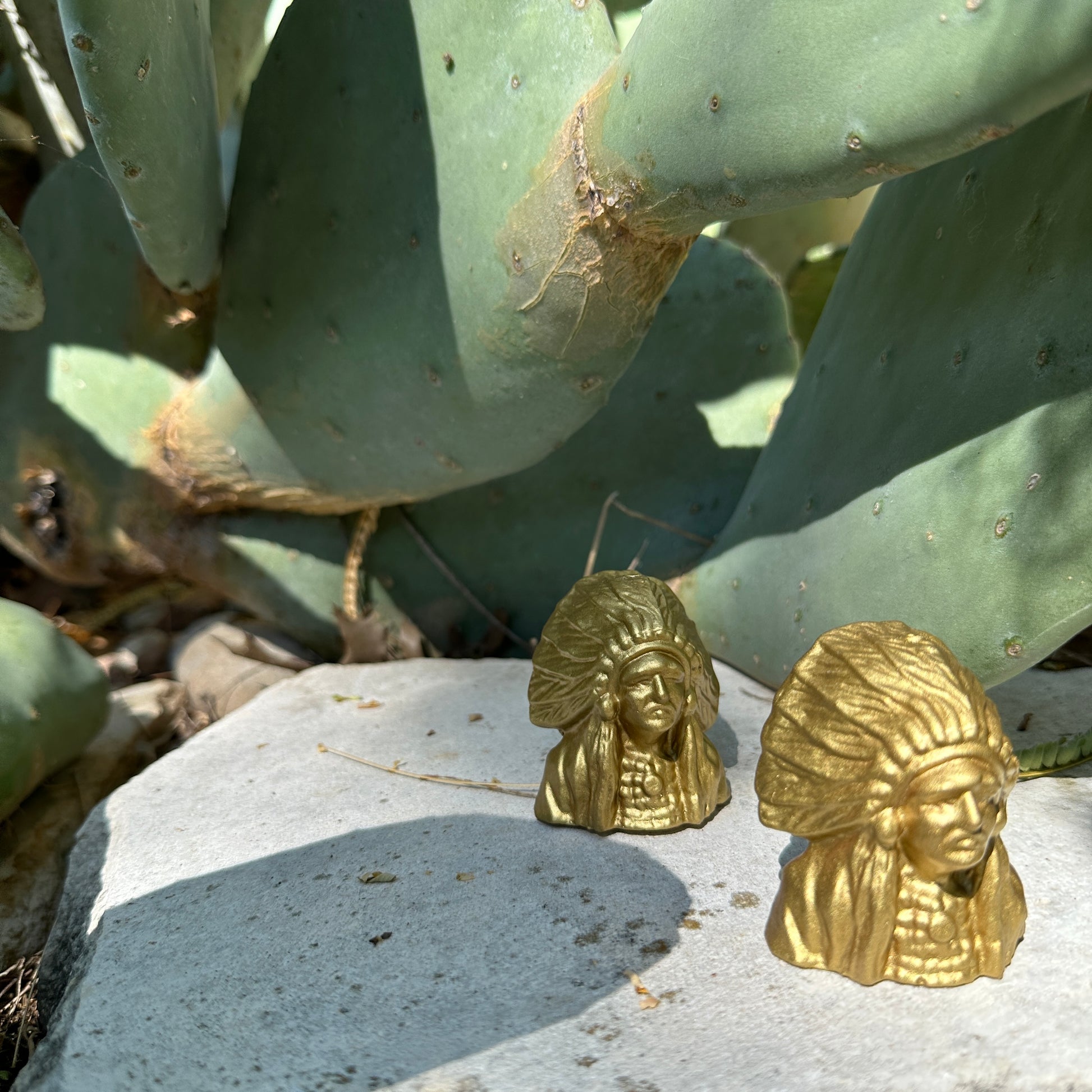 Two gold incense holders next to cactus side profile review