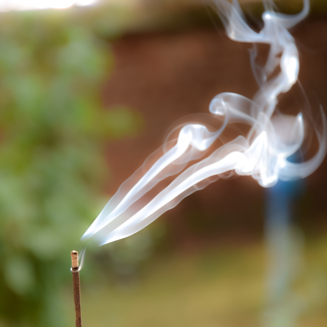 An instant stick burning with rosemary in the distance