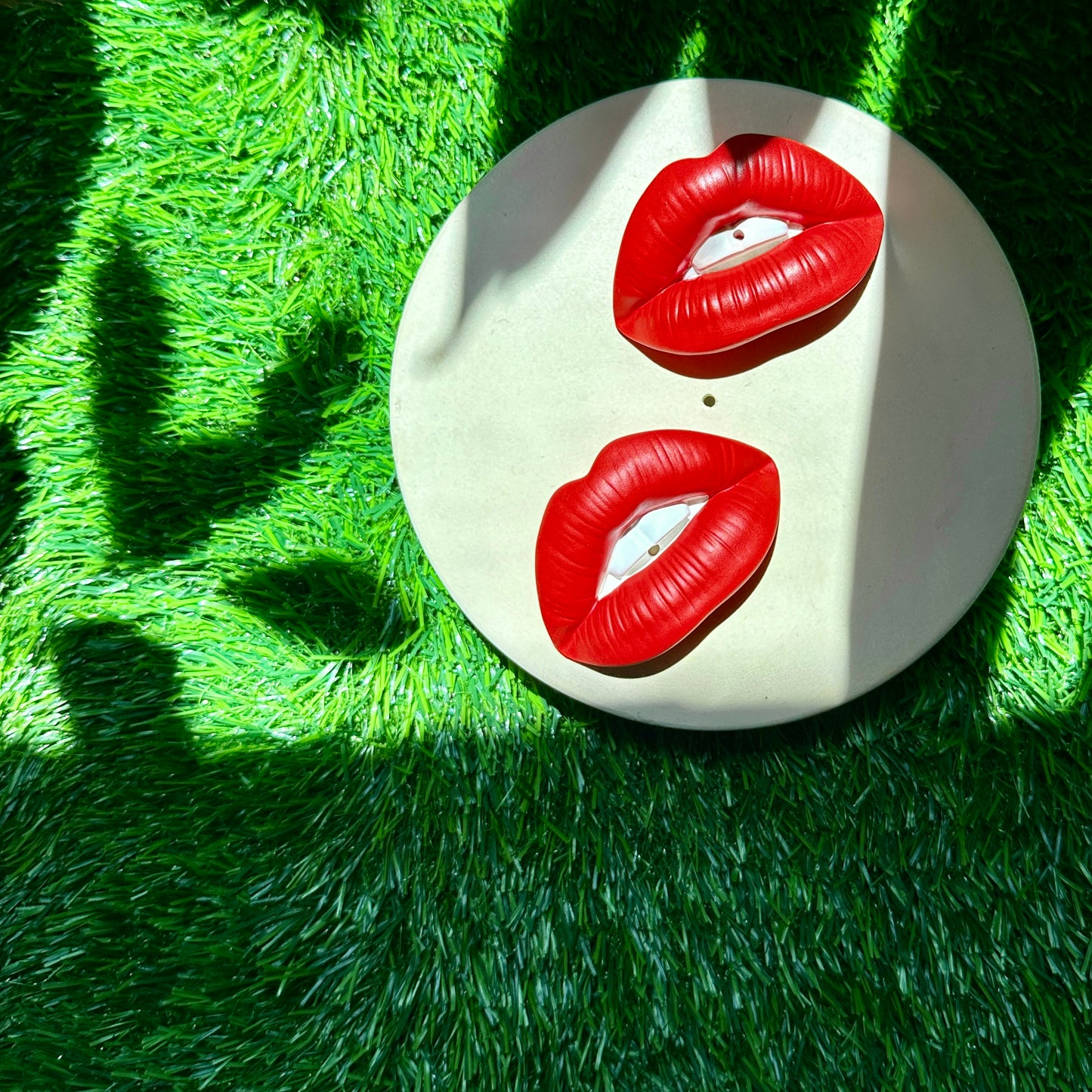 Two Lip incense holder on a tray in the grass