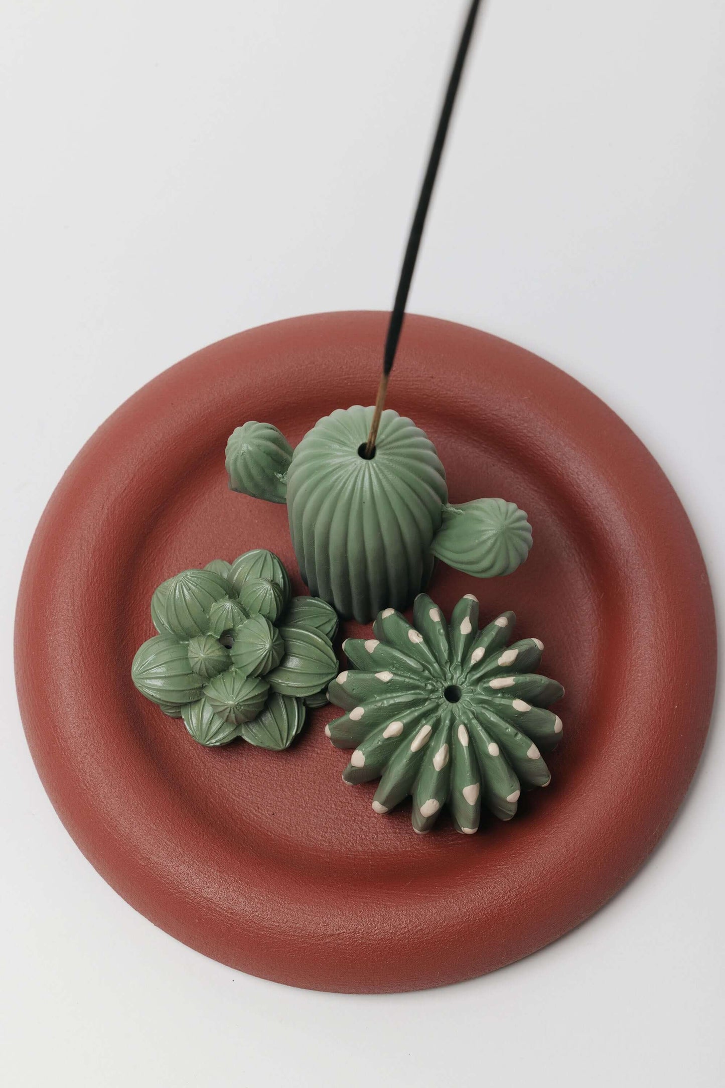 Decorative wall hanging with green cactus designs on a red circular base.
