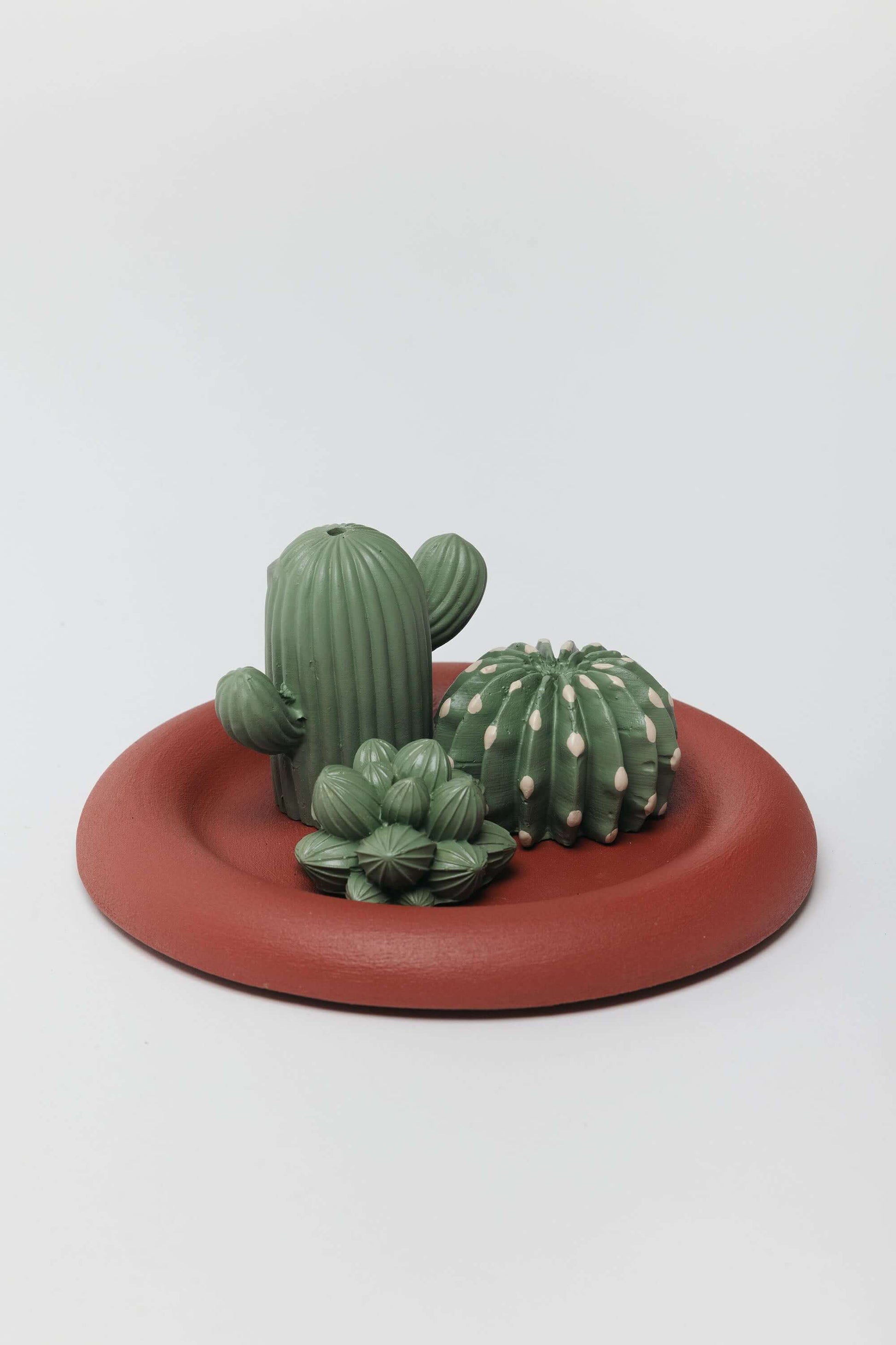 Decorative set of cacti on a round red base against a white background